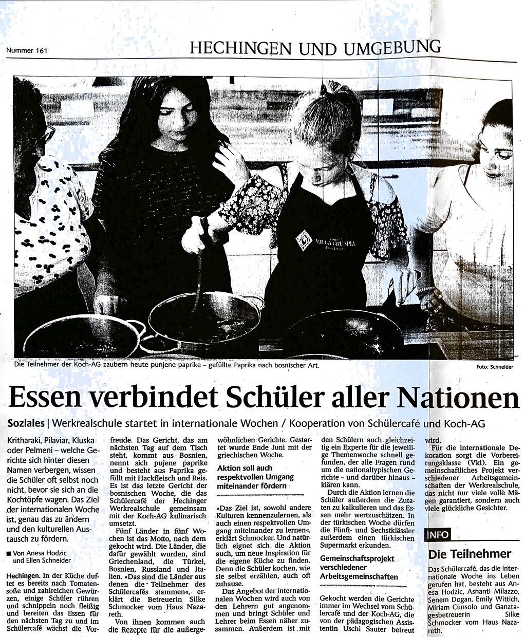 Zeitungsartikel. Essen verbindet Sch?ler aller Nationen.