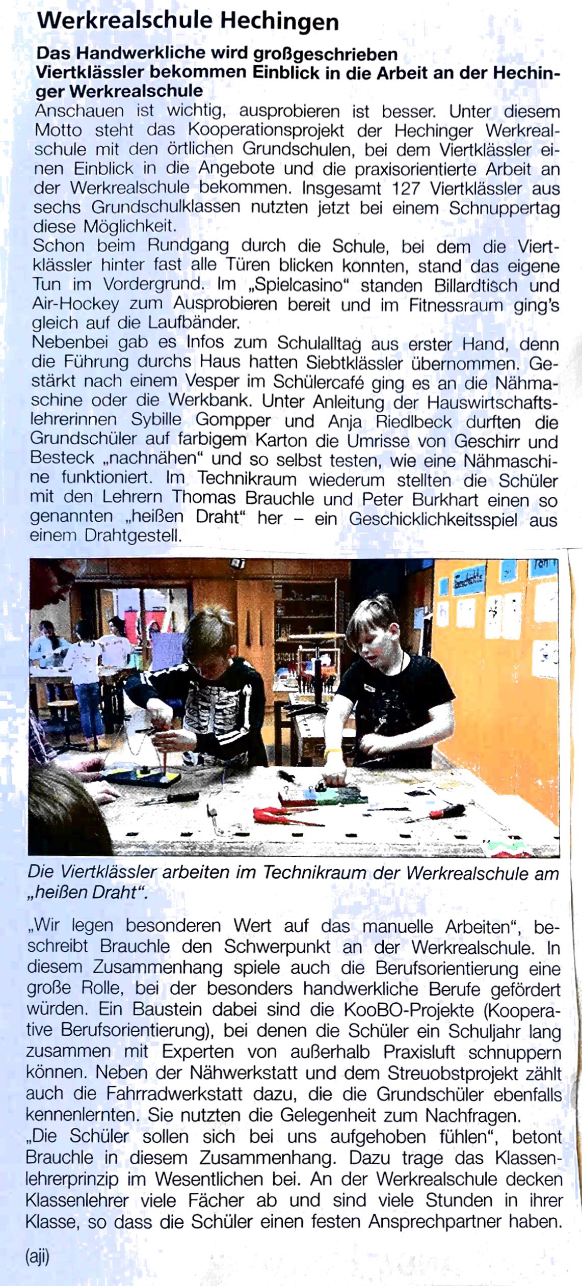 Zeitungsartikel. Viertkl?ssler bekommen Einblick in die Arbeit an der Hechinger Werksrealschule.